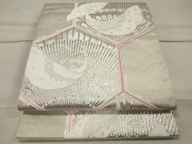平和屋着物◎六通柄袋帯 亀甲孔雀花文 銀糸 正絹 逸品 CAAT4773in