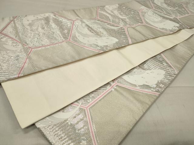 平和屋着物◎六通柄袋帯 亀甲孔雀花文 銀糸 正絹 逸品 CAAT4773in