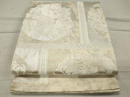 平和屋着物◎六通柄袋帯 唐織 天井草花丸文 銀糸 正絹 逸品 CAAT4774in