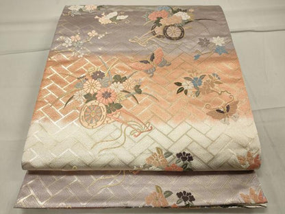 平和屋着物◎六通柄袋帯 唐織 花車舞蝶文 金糸 正絹 逸品 CAAT4791in
