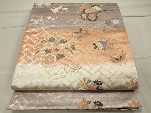 平和屋着物◎六通柄袋帯 唐織 花車舞蝶文 金糸 正絹 逸品 CAAT4791in