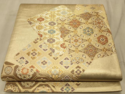平和屋着物◎六通柄袋帯 色紙花文 金糸 正絹 逸品 CAAT4863ft