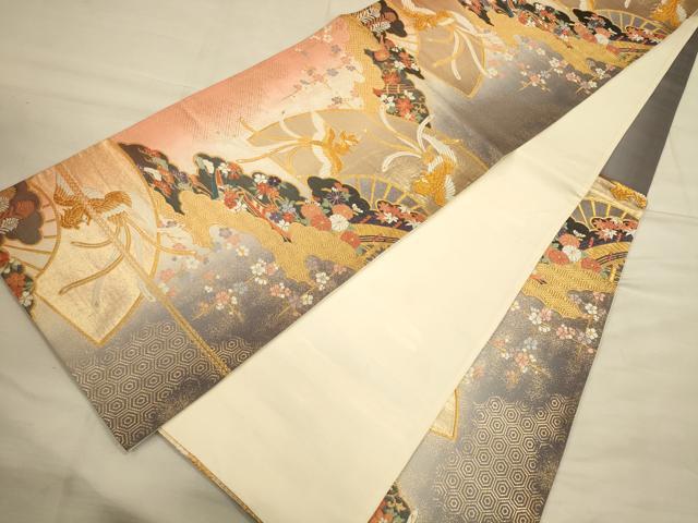 平和屋着物◎六通柄袋帯 唐織 尾長鳥花文 金糸 正絹 逸品 CAAT5112ft