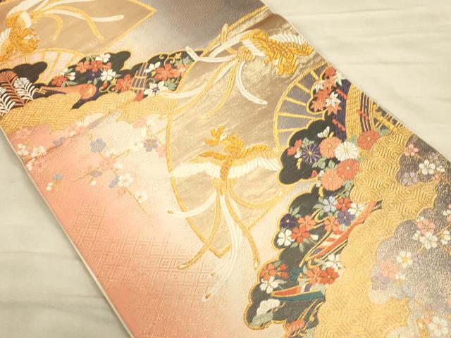 平和屋着物◎六通柄袋帯 唐織 尾長鳥花文 金糸 正絹 逸品 CAAT5112ft