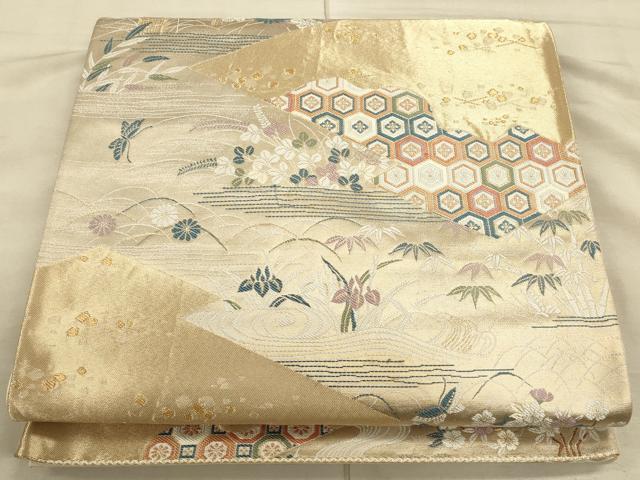 平和屋着物◎六通柄袋帯 切嵌花蝶文 金彩 正絹 逸品 CAAT5171ft