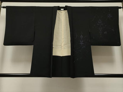 平和屋着物∞羽織 草花文 黒地 正絹 逸品 CAAT5635id