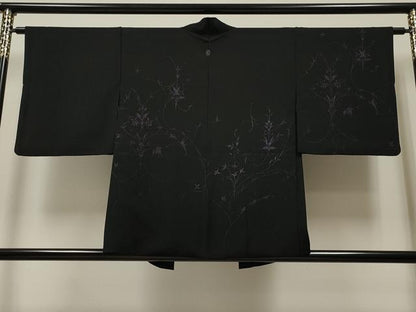 平和屋着物∞羽織 草花文 黒地 正絹 逸品 CAAT5635id