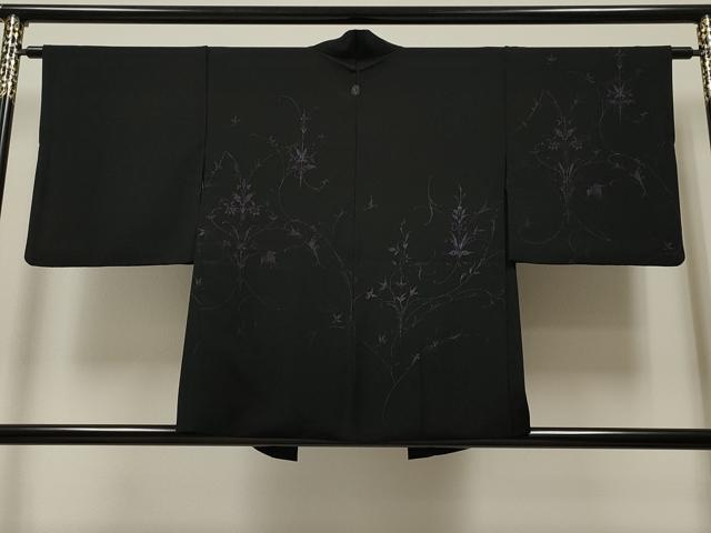 平和屋着物∞羽織 草花文 黒地 正絹 逸品 CAAT5635id
