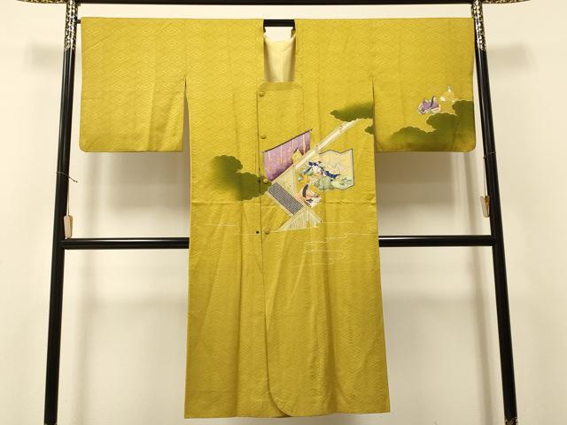 平和屋着物＃道行コート　手描き　雲取り人物風景文　暈し染め　ロング丈　正絹　逸品　CAAT5659id