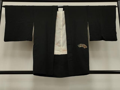 平和屋着物∞羽織　寿光織　地紙孔雀花文　黒地　金銀糸　正絹　逸品　CAAT5717id