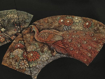 平和屋着物∞羽織　寿光織　地紙孔雀花文　黒地　金銀糸　正絹　逸品　CAAT5717id