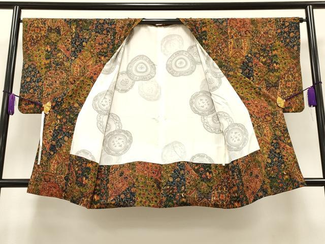 平和屋着物∞道行コート　切嵌更紗花文　鬼しぼ縮緬　ロング丈　正絹　逸品　CAAT5812id