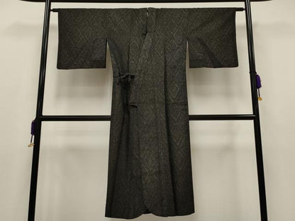 平和屋着物▽道中着　単衣　寿光織　菱繋花文　黒地　金糸　ロング丈　正絹　逸品　CAAT5813id