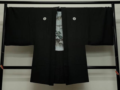 平和屋着物＃男性　長羽織　黒紋付き　キングサイズ　正絹　逸品　CAAT5821id