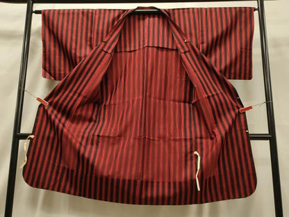 平和屋着物▽道行コート　単衣　雨コート　縞　黒地　ロング丈　正絹　逸品　CAAT5879id