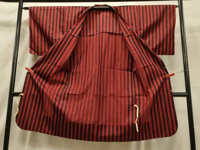 平和屋着物▽道行コート　単衣　雨コート　縞　黒地　ロング丈　正絹　逸品　CAAT5879id