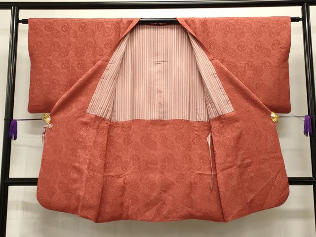 平和屋着物∞道行コート　花唐草地紋　赤丹色　ロング丈　正絹　逸品　CAAT5906id