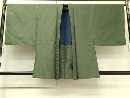 平和屋着物＃男性　羽織　紬地　老竹色　正絹　逸品　CAAT5980id