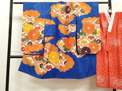 平和屋着物[]七五三　女の子　７歳　祝着　四つ身　襦袢セット　駒刺繍　天井菊花文　金彩　逸品　CAAT6003ze