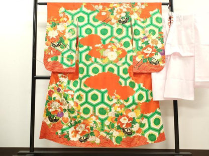 平和屋着物∵女の子 十三参り 子供 祝着・襦袢セット 駒刺繍 花車亀甲菊文 金彩 逸品 CAAT6094ze