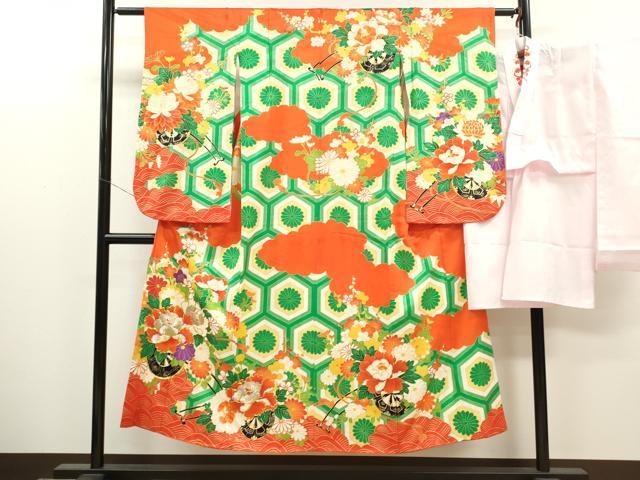 平和屋着物∵女の子 十三参り 子供 祝着・襦袢セット 駒刺繍 花車亀甲菊文 金彩 逸品 CAAT6094ze