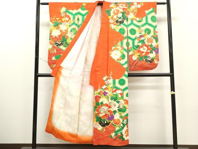 平和屋着物∵女の子 十三参り 子供 祝着・襦袢セット 駒刺繍 花車亀甲菊文 金彩 逸品 CAAT6094ze