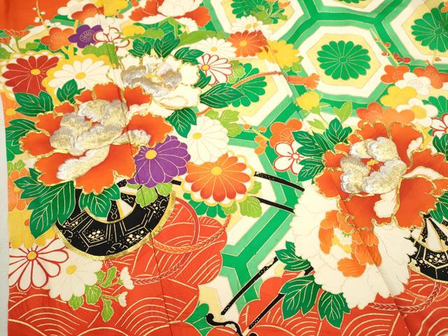 平和屋着物∵女の子 十三参り 子供 祝着・襦袢セット 駒刺繍 花車亀甲菊文 金彩 逸品 CAAT6094ze