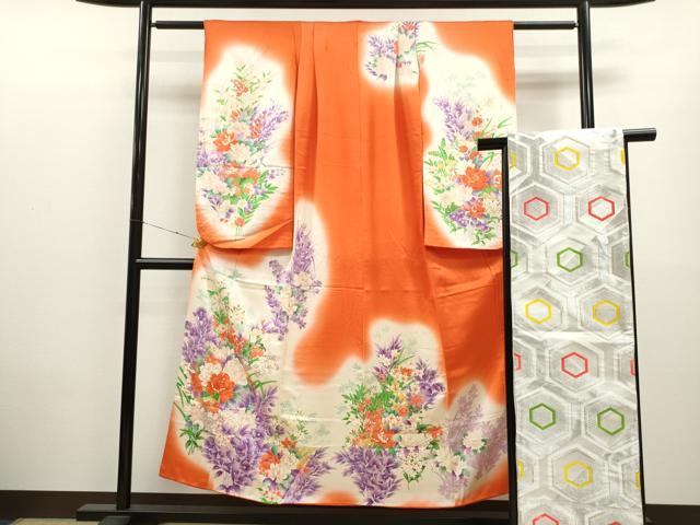 平和屋着物∵女の子 十三参り 子供 祝着・袋帯セット 駒刺繍 草花文 暈し染め 金彩 逸品 CAAT6103ze