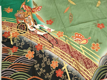 平和屋着物∵女の子　十三参り　子供　祝着・長襦袢・袋帯セット　御所車舞蝶花文　暈し染め　金彩　逸品　CAAT6106ze