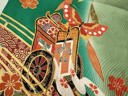 平和屋着物∵女の子　十三参り　子供　祝着・長襦袢・袋帯セット　御所車舞蝶花文　暈し染め　金彩　逸品　CAAT6106ze