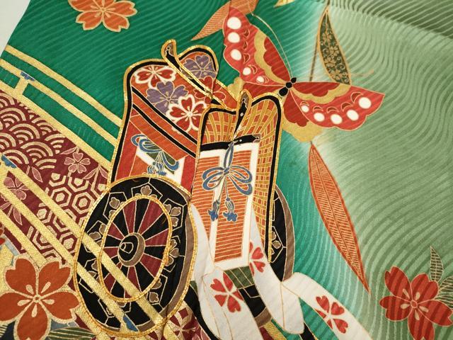 平和屋着物∵女の子　十三参り　子供　祝着・長襦袢・袋帯セット　御所車舞蝶花文　暈し染め　金彩　逸品　CAAT6106ze