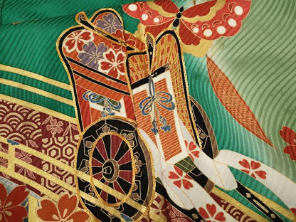 平和屋着物∵女の子　十三参り　子供　祝着・長襦袢・袋帯セット　御所車舞蝶花文　暈し染め　金彩　逸品　CAAT6106ze