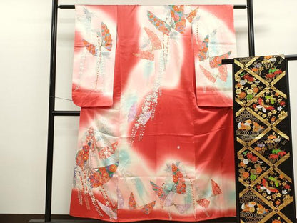 平和屋着物∵女の子 十三参り 子供 祝着・袋帯セット 駒刺繍 扇面舞蝶花文 暈し染め 金彩 逸品 CAAT6110ze