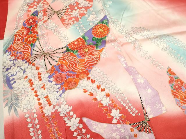 平和屋着物∵女の子 十三参り 子供 祝着・袋帯セット 駒刺繍 扇面舞蝶花文 暈し染め 金彩 逸品 CAAT6110ze