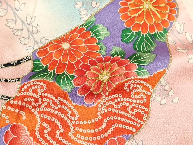 平和屋着物∵女の子 十三参り 子供 祝着・袋帯セット 駒刺繍 扇面舞蝶花文 暈し染め 金彩 逸品 CAAT6110ze