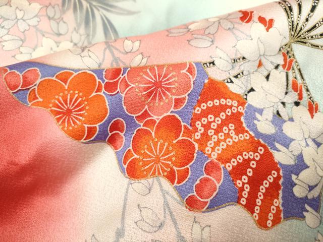 平和屋着物∵女の子 十三参り 子供 祝着・袋帯セット 駒刺繍 扇面舞蝶花文 暈し染め 金彩 逸品 CAAT6110ze