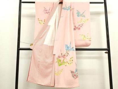平和屋着物[]七五三　女の子　７歳　祝着　四つ身　袋帯セット　作家物　駒刺繍　折り鶴　松竹梅花文　逸品　CAAT6113ze