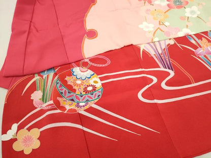 平和屋着物[]七五三　女の子　３歳　祝着　三つ身　長襦袢・被布セット　鈴　地紙草花文　金銀彩　逸品　CAAT6135ze