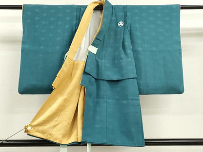 平和屋着物[]七五三　男の子　祝着・羽織・長襦袢・行灯袴セット　色無地　菱地紋　青緑色　逸品　CAAT6137ze