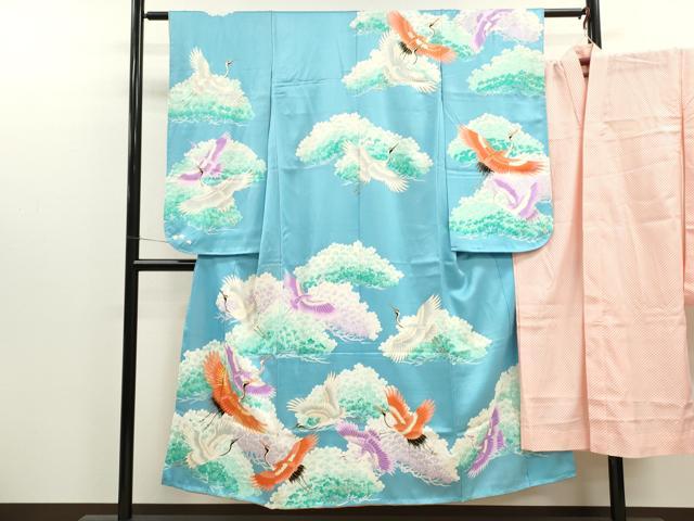 平和屋着物∵女の子　十三参り　子供　祝着・長襦袢セット　駒刺繍　飛鶴松梅文　金彩　逸品　CAAT6164ze