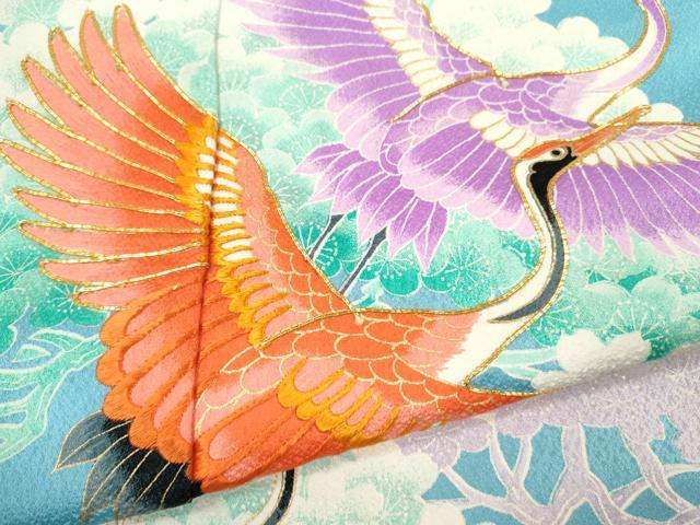 平和屋着物∵女の子　十三参り　子供　祝着・長襦袢セット　駒刺繍　飛鶴松梅文　金彩　逸品　CAAT6164ze