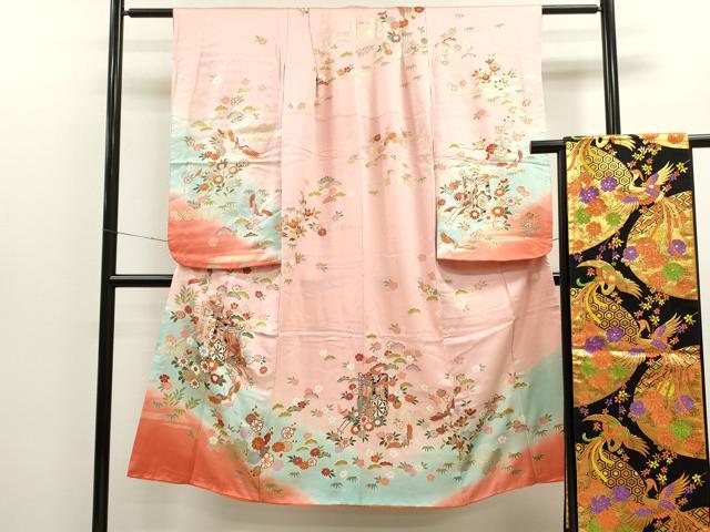 平和屋着物[]七五三　女の子　７歳　祝着　四つ身　袋帯セット　松竹梅飛鶴御所車文　金彩　逸品　CAAT6166ze