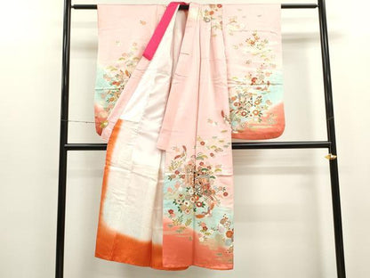 平和屋着物[]七五三　女の子　７歳　祝着　四つ身　袋帯セット　松竹梅飛鶴御所車文　金彩　逸品　CAAT6166ze