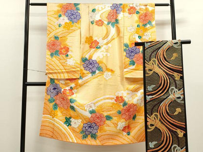 平和屋着物[]七五三　女の子　７歳　祝着　四つ身　袋帯セット　駒刺繍　立波草花文　CAAT6167ze