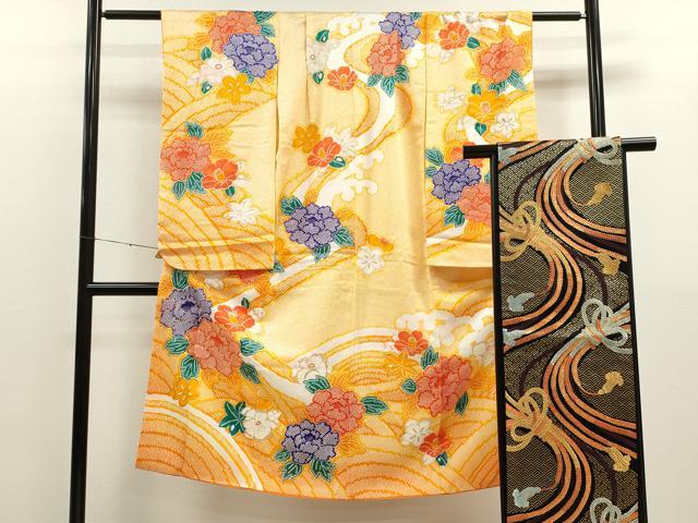平和屋着物[]七五三　女の子　７歳　祝着　四つ身　袋帯セット　駒刺繍　立波草花文　CAAT6167ze