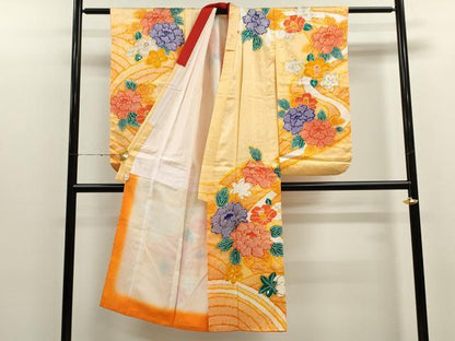 平和屋着物[]七五三　女の子　７歳　祝着　四つ身　袋帯セット　駒刺繍　立波草花文　CAAT6167ze