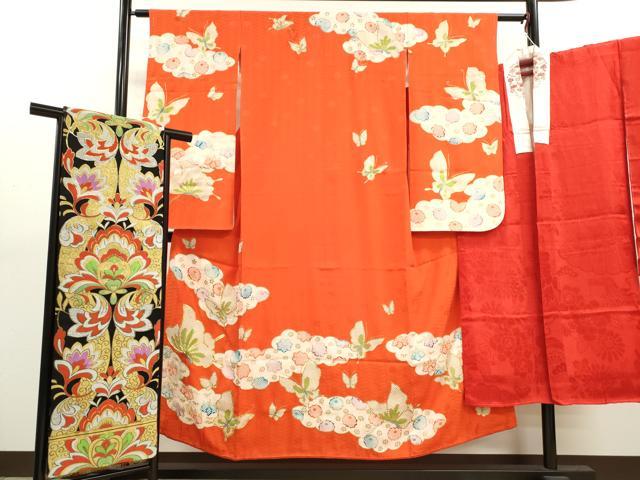 平和屋着物∵女の子 十三参り 子供 祝着・長襦袢・丸帯セット 駒刺繍 雲取り舞蝶花文 金彩 逸品 CABF2919ze