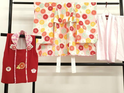 平和屋着物[]七五三　女の子　３歳　祝着　三つ身　長襦袢・被布セット　舞花文　金彩　洗える着物　CAAT6184ze