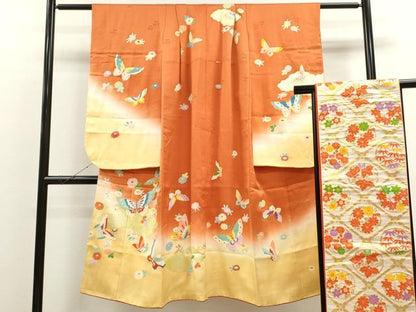 平和屋着物[]七五三　女の子　７歳　祝着　四つ身　袋帯セット　雲取り舞蝶花文　暈し染め　銀彩　逸品　CAAT6245ze
