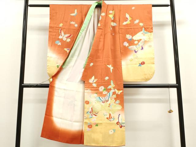 平和屋着物[]七五三　女の子　７歳　祝着　四つ身　袋帯セット　雲取り舞蝶花文　暈し染め　銀彩　逸品　CAAT6245ze